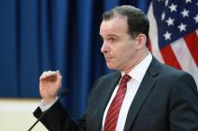 Brett McGurk, U.S. envoy to the coalition against Islamic State, speaks during news conference at the U.S. Embassy in Baghdad, Iraq, June 7, 2017. PHOTO BY REUTERS/Stringer