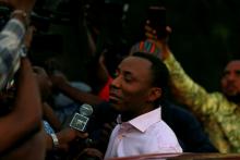 Former presidential candidate Omoyele Sowore talks to the media after being released on bail by Nigeria's government, in Abuja, Nigeria, December 24, 2019. PHOTO BY REUTERS/Afolabi Sotunde