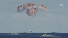 An unmanned capsule of the SpaceX Crew Dragon spacecraft splashes down into the Atlantic Ocean, after a short-term stay on the International Space Station, in this still image from video, in the Atlantic, about 200 miles off the Florida coast, U.S., March 8, 2019. PHOTO BY REUTERS/NASA