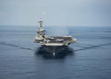 The aircraft carrier USS Carl Vinson transits the South China Sea while conducting flight operations on April 9, 2017. PHOTO BY REUTERS/Z.A. Landers/Courtesy U.S. Navy