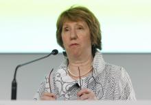 European Union foreign policy chief Catherine Ashton looks on as she peaks during a news conference at the end of an informal meeting of the EU Foreign Affairs Ministers in Milan