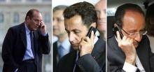 A combination photo shows file pictures of former French President Jacques Chirac, former French President Nicolas Sarkozy and to be French President Francois Hollande making phone calls, in France. PHOTO BY REUTERS/Regis Duvignau