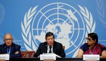 (L-R) Christopher Sidoti, Marzuki Darusman and Radhika Coomaraswamy, members of the Independent International Fact-finding Mission on Myanmar attend a news conference on the publication of its final written report at the United Nations in Geneva, Switzerland, August 27, 2018. PHOTO BY REUTERS/Denis Balibouse