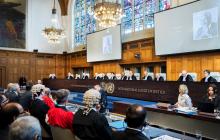 Members of the International Court of Justice attend a hearing for alleged violations of the 1955 Treaty of Amity, Iran vs U.S., in the court room of the International Court in The Hague, Netherlands, August 27, 2018. PHOTO BY REUTERS/Piroschka van de Wou