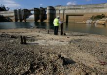 Dick Pearson from the Sydney Catchment Authority stands in front of Sydney's Warragamba Dam to show the lowest level the dam has ever been. REUTERS/David Gray