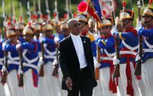 Guyana's President David Arthur Granger review an honour guard during Mercosur trade bloc annual summit in Brasilia, Brazil, December, 21, 2017. PHOTO BY REUTERS/Adriano Machado