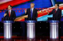Republican U.S. presidential candidates (L-R) U.S. Senator Marco Rubio, Donald Trump and Senator Ted Cruz speak at the debate sponsored by CNN for the 2016 Republican U.S. presidential candidates in Houston, Texas, February 25, 2016. PHOTO BY REUTERS/Mike Stone