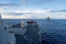 The Arleigh Burke-class guided-missile destroyer USS Dewey prepares for a replenishment-at-sea in the South China Sea, May 19, 2017. PHOTO BY REUTERS/Kryzentia Weiermann/Courtesy U.S. Navy