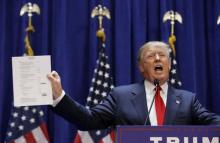 Republican presidential candidate, real estate mogul and TV personality Donald Trump holds up his financial statement showing his net worth as he formally announces his campaign for the 2016 Republican presidential nomination during an event at Trump Tower in New York, June 16, 2015. PHOTO BY REUTERS/Brendan McDermid