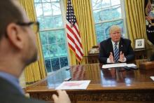 U.S. President Donald Trump speaks during an interview with Reuters in the Oval Office of the White House in Washington, U.S., April 27, 2017. PHOTO BY REUTERS/Carlos Barria