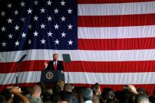 U.S. President Donald Trump delivers remarks to U.S. troops at the Naval Air Station Sigonella to visit U.S. troops before returning to Washington D.C. at Sigonella Air Force Base in Sigonella, Sicily, Italy, May 27, 2017. PHOTO BY REUTERS/Jonathan Ernst