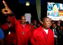 Economic Freedom Fighters (EFF) party leaders Floyd Shivambu (L) and Julius Malema (R) leave the parliament in Cape Town, South Africa, February 11, 2016. PHOTO BY REUTERS/Mike Hutchings
