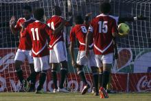 Egypt's Mohamed Aboutrika (L) celebrates with teammates after scoring a goal against Guinea during their 2014 World Cup qualifying soccer match