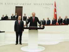 Turkish President Tayyip Erdogan takes the oath of office for a new presidential term, at the Parliament in Ankara, Turkey, July 9, 2018. PHOTO BY REUTERS/Kayhan Ozer/Presidential Palace