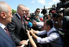 Turkish President Tayyip Erdogan talks to media in the Black Sea city of Ordu, Turkey, August 11, 2018. PHOTO BY REUTERS/Cem Oksuz/Presidential Palace