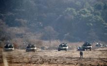 The South Korean army's K-55 self-propelled artillery vehicles take part in a military exercise near the demilitarised zone separating the two Koreas in Paju, South Korea, November 29, 2017. PHOTO BY REUTERS/Kim Hong-Ji