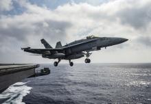 A U.S. Navy F/A-18E Super Hornet launches from the flight deck of the aircraft carrier USS Dwight D. Eisenhower (CVN 69) in the Mediterranean Sea, June 28, 2016. PHOTO BY REUTERS/U.S. Navy/Mass Communication Specialist 2nd Class Ryan U. Kledzik
