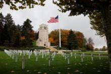 The American flag flies at the Aisne-Marne American Cemetery dedicated to the U.S. soldiers killed in the Belleau Wood battle during World War One at Belleau, France, November 10, 2018. PHOTO BY REUTERS/Charles Platiau