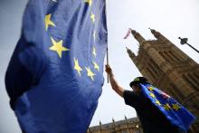 An anti-Brexit demonstrator waves flags outside the Houses of Parliament, in London, Britain, September 10, 2018. PHOTO BY REUTERS/Hannah McKay