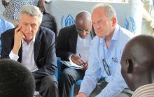 UNHCR High Commissioner for Refugees Filippo Grandi (L) and David Shearer, Special Representative for South Sudan, listen to displaced people at a camp in Juba, South Sudan, June 17, 2017. PHOTO BY REUTERS/David Lewis