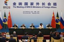 Brazil's Foreign Minister Aloysio Nunes (L), Russia's Foreign Minister Sergey Lavrov (2nd L), South Africa's Foreign Minister Maite Nkoana-Mashabane (2nd R), Indian Minister of External Affairs Vijay Kumar Singh (R) and China's Foreign Minister Wang Yi (C) attend a news conference during the BRICS Foreign Ministers meeting in Beijing, China, June 19, 2017. PHOTO BY REUTERS/Wang Zhao