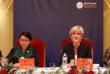 Australian Minister for Foreign Affairs Julie Bishop speaks as she sits next to Indonesia's Foreign Minister Retno Marsudi during the Bali Process Government and Business Forum held in Perth, Australia, August 25, 2017. PHOTO BY REUTERS/AAP/Richard Wainwright