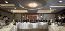 U.S. Defense Secretary Chuck Hagel (C), South Korea's Defense Minister Kim Kwan-jin (3rd R), Japan's Defense Minister Itsunori Onodera (2nd L) and other members of their delegations attend a joint meeting in Singapore