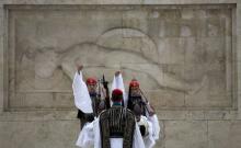 Greek Presidential guards take part in a ceremonial change of guards at the Monument of the Unknown Soldier in front of the Parliament building in Athens, Greece, August 23, 2015. PHOTO BY REUTERS/Stoyan Nenov
