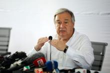 U.N. Secretary General Antonio Guterres attends a press briefing at the Kutupalong refugee camp in Cox’s Bazar, Bangladesh, July 2, 2018. PHOTO BY REUTERS/Mohammad Ponir Hossain
