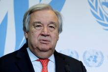 United Nations Secretary-General Antonio Guterres gives a statement after delivering a speech on disarmament and denuclearisation at the University of Geneva (UNIGE) in Geneva, Switzerland, May 24, 2018. PHOTO BY REUTERS/Denis Balibouse