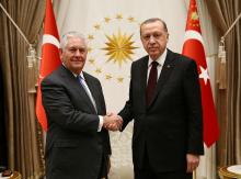 Turkish President Tayyip Erdogan meets U.S. Secretary of State Rex Tillerson in Ankara, Turkey, February 15, 2018. PHOTO BY REUTERS/Kayhan Ozer/Presidential Palace