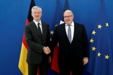 French Economy and Finance Minister Bruno Le Maire shakes the hand of German Minister of Economy and Energy Peter Altmaier before a meeting on the development and production of European batteries in Paris, France, May 2, 2019. PHOTO BY REUTERS/Benoit Tessier