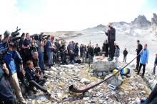 Matthias Huss, a glaciologist at the ETH Zurich and head of the glacier monitoring network Glamos, speaks during a mourning ceremony as awareness to climate change, for the disappearing Pizol glacier, in Mels, Switzerland, September 22, 2019. PHOTO BY REUTERS/Denis Balibouse