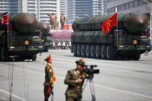 Intercontinental ballistic missiles (ICBM) are driven past the stand with North Korean leader Kim Jong Un and other high ranking officials during a military parade marking the 105th birth anniversary of country's founding father Kim Il Sung, in Pyongyang, April 15, 2017. PHOTO BY REUTERS/Damir Sagolj