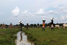 Internally displaced women carry relief food from a distribution by the World Food Programme in the Sudd Swamp near the town of Nyal, in South Sudan, August 19, 2018. PHOTO BY REUTERS/Andreea Campeanu