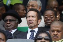 Botswana's President Ian Khama is flanked by Namibia's President Hifikepunye Pohamba ( L) and Malawi's former president, Bakili Muluzi (R, with glasses) during the ANC's centenary celebration in Bloemfontein January 8, 2012. PHOTO BY REUTERS/Siphiwe Sibeko