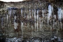 Icicles hang on a bog where 12,000 years ago was the Schaufelferner glacier at 2,280 meters above sea level, at Stubaier glacier ski resort near Neustift im Stubaital, Austria, October 22, 2018. PHOTO BY REUTERS/Lisi Niesner