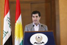 Nechirvan Barzani speaks to the media after voting in Arbil