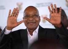 South Africa's President Jacob Zuma greets supporters during a rally following the launch of a social housing project in Pietermaritzburg, South Africa, April 1, 2017. PHOTO BY REUTERS/Rogan Ward