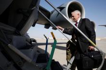 U.S. Defense Secretary James Mattis boards a U.S. Air Force C-17 for a day trip to a U.S. military base in Djibouti from Doha, Qatar April 23, 2017. PHOTO BY REUTERS/Jonathan Ernst