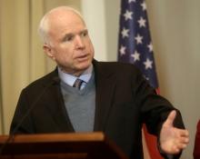 U.S. Senator John McCain speaks during a news conference in Riga, Latvia, December 28, 2016. PHOTO BY REUTERS/Ints Kalnins