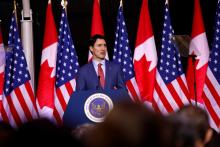 Canadian Prime Minister Justin Trudeau speaks in the Air Force One Pavilion at the Ronald Reagan Presidential Library in Simi Valley, California U.S., February 9, 2018. PHOTO BY REUTERS/Patrick T. Fallon