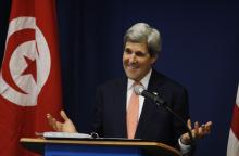 U.S. Secretary of State John Kerry speaks during a news conference in Tunis