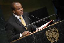 King Mswati III of Swaziland addresses attendees during the 70th session of the United Nations General Assembly at the U.N. headquarters in New York, New York, United States, September 29, 2015. PHOTO BY REUTERS/Carlo Allegri