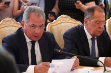 Russian Defence Minister Sergei Shoigu and Foreign Minister Sergei Lavrov attend a meeting with Japanese Foreign Minister Taro Kono and Defense Minister Itsunori Onodera in Moscow, Russia, July 31, 2018. PHOTO BY REUTERS/Maxim Shemetov