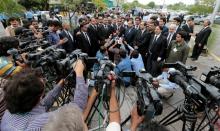 Lawyers speak with the media after protesting against the suicide bomb attack at a hospital in Quetta on Monday, outside the Supreme Court in Islamabad, Pakistan, August 9, 2016. PHOTO BY REUTERS/Caren Firouz