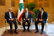 Lebanese President Michel Aoun meets with Prime Minister Saad al-Hariri, and Lebanese Parliament Speaker Nabih Berri at the presidential palace in Baabda, Lebanon, February 6, 2018. PHOTO BY REUTERS/Mohamed Azakir