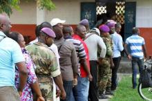 Military personnel vote at a polling station in Brazzaville, Congo, October 25, 2015. Congo Republic voted on Sunday in a referendum to determine whether 71-year-old President Denis Sassou Nguesso can legally stand for a third consecutive term in next year's election. PHOTO BY REUTERS/Roch Baku