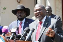 Riek Machar, former vice president and rebel leader, speaks during a news statement with South Sudan's President Salva Kiir Mayardit (L) after their meeting in which they have reached a deal to form a long-delayed unity government in Juba, South Sudan, December 17, 2019. PHOTO BY REUTERS/Jok Solomun