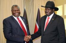 South Sudan's President Salva Kiir shakes hands with ex-vice president and former rebel leader Riek Machar during their meeting in Juba, South Sudan, October 19, 2019. PHOTO BY REUTERS/Jok Solomun